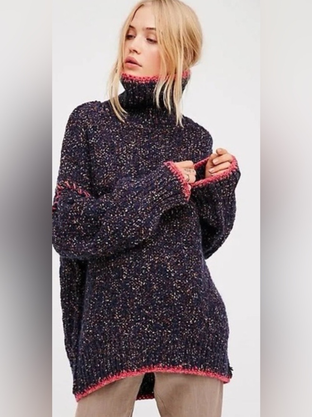 Free People Echo Wool Blend Navy Speckled Turtleneck Sweater with Pink Trim